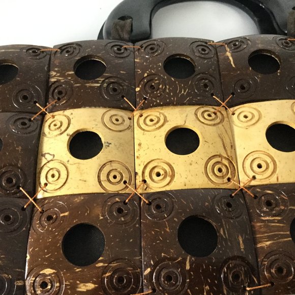 WNW Coconut Shell Woven Patchwork Purse Coconut - Picture 2 of 6